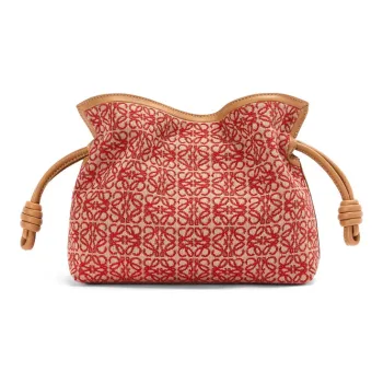 LOEWE Flamenco Jacquard Fabric With Calfskin Drawstring Bag Clutch Mini Women's Red/Desert Brown