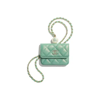 CHANEL Litchi Cow Leather Necklace Pouch Small Size Women's Green