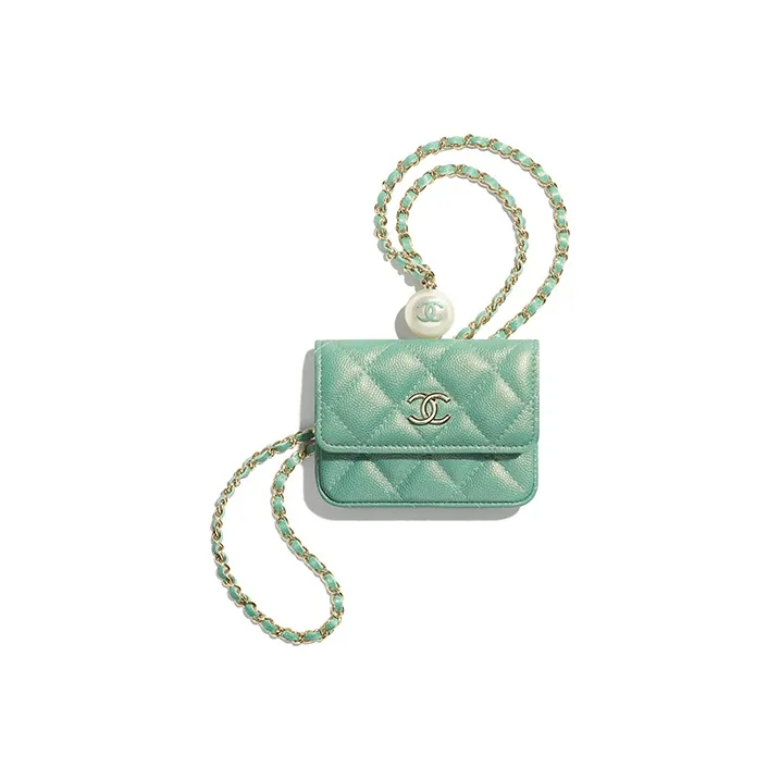 CHANEL Litchi Cow Leather Necklace Pouch Trumpets Women's Green-0