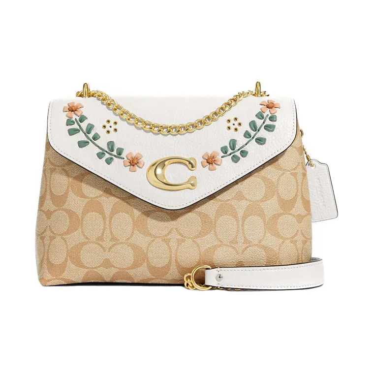 COACH Tammie Canvas With Leather And Precise Pebbled Leather Shoulder Bag Crossbody Bag Large Size Women's Khaki White-4