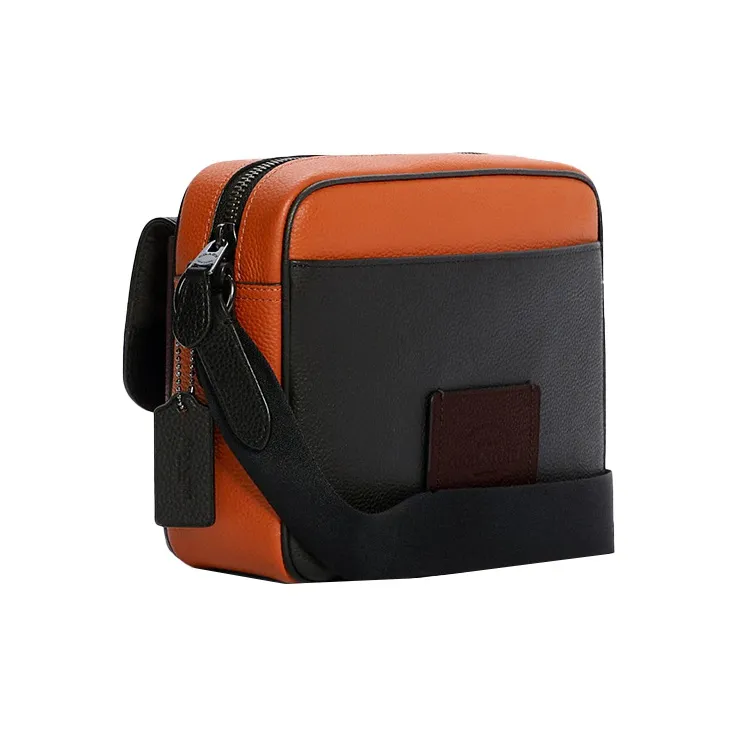 COACH Hudson Leather Camera Bag, Crossbody Bag Medium Size Men's Burgundy & Ginger Yellow-2
