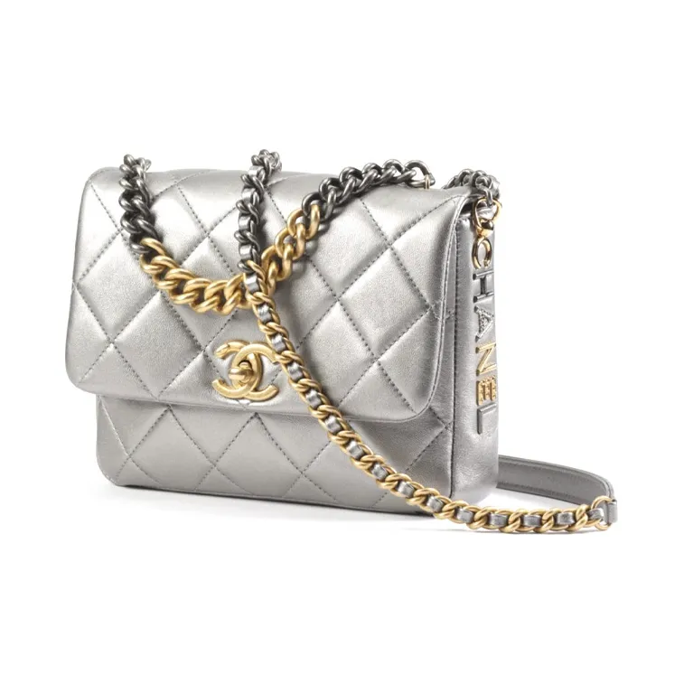 CHANEL Classic Flap CF Lambskin Shoulder Bag, Crossbody Bag Women's Silver-1