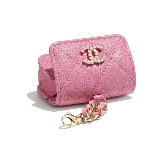 CHANEL Grain Embossed Calfskin With Bright Lacquered Finish Gold Metal Earphone Case Women's Pink-2