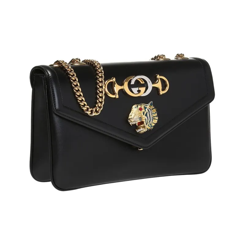 GUCCI Rajah Leather Chain Bag Shoulder Bag Crossbody Bag Medium Size Women's Black-2