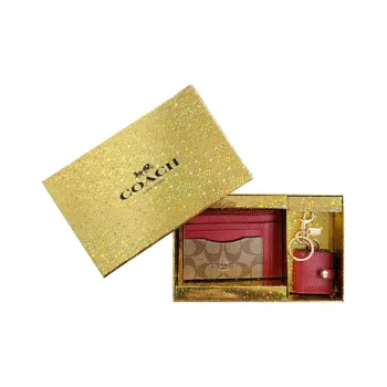 COACH Boxed Canvas With Leather Card Holder Wallet Women's Light Brown With Red