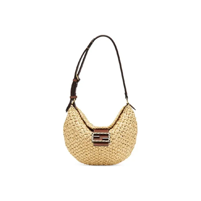 FENDI Straw Woven Croissant Bag Shoulder Bag Crescent Bag Handbag Shoulder Bag Women's Brown-0