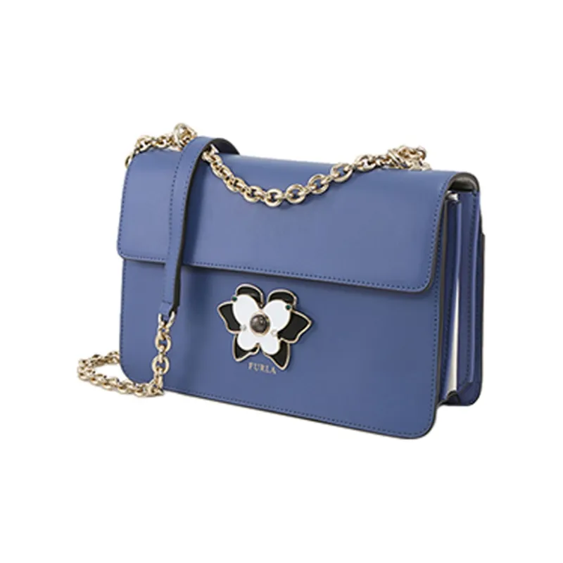 Furla Mughetto Leather Chain Bag, Small Square Bag, Shoulder Bag Medium Size Women's Blue-2