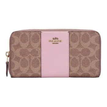 COACH Accordion Zip Cow Leather Clutches Wallets Women's Khaki Pink