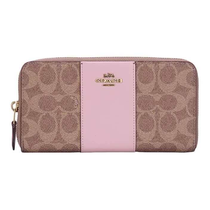 COACH Accordion Zip Cow Leather Clutches Wallets Women's Khaki Pink-0