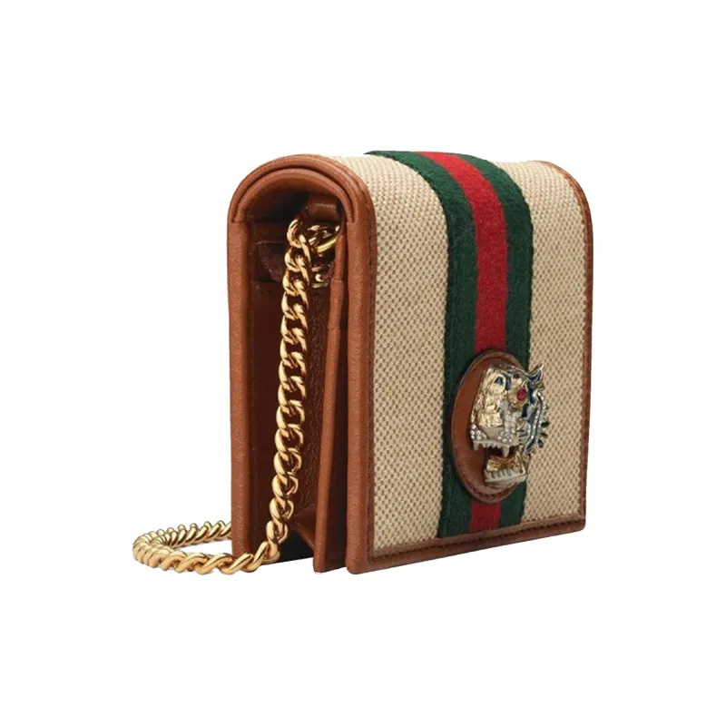 GUCCI Rajah Canvas With Leather Chain Bag Handbag Card Holder Women's Beige/Brown-1