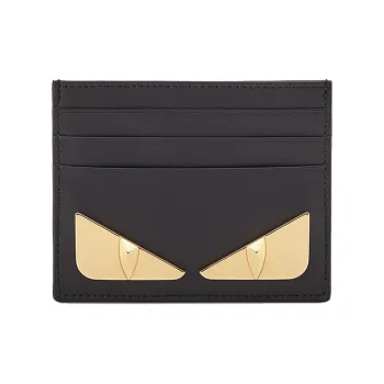 FENDI Leather Card Clip Card Holder Men's Black/Gold