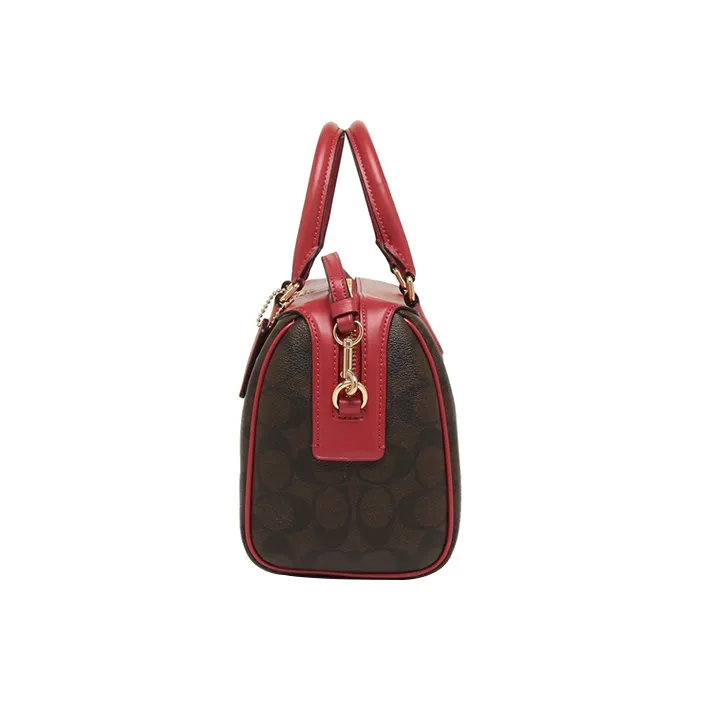 COACH Bennett Leather Boston Bag One Shoulder Handbag Crossbody Bag Small Size Women's Red And Brown Monogram-4