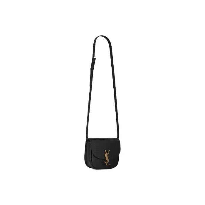 SAINT LAURENT KAIA Shiny Crocodile Pattern Embossed Cow Leather Saddle Bag Crossbody Shoulder Bag Women's Black-2