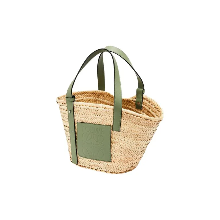 LOEWE Basket Palm Fiber Cow Leather Basket Bag Tote Bag Shopping Bag Handbag Medium Size Women's Green-1