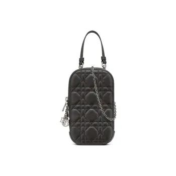 DIOR Lady Dior Sheepskin Cell Phone Pocket, One Shoulder Crossbody Portable Cell Phone Pouch Women's Black