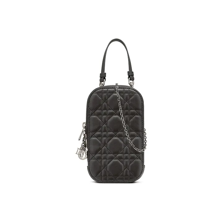 DIOR Lady Dior Sheepskin Cell Phone Pocket, One Shoulder Crossbody Portable Cell Phone Pouch Women's Black-0