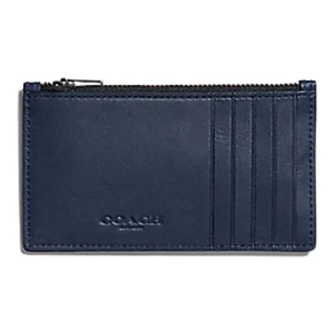 COACH Card Case Smooth Finish Calfskin Zip Closure Card Box Wallet Card Holder Men's Midnight Blue-1