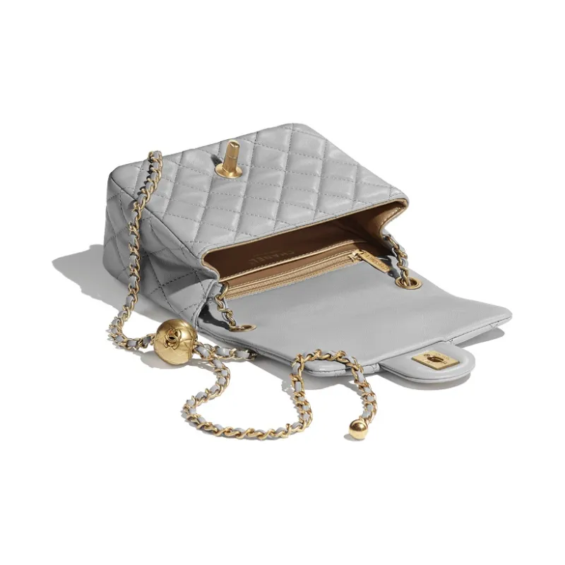 CHANEL Sheepskin Mini Square Flap Bag Chain Bag Crossbody Bag Shoulder Bag Women's Light Gray-1