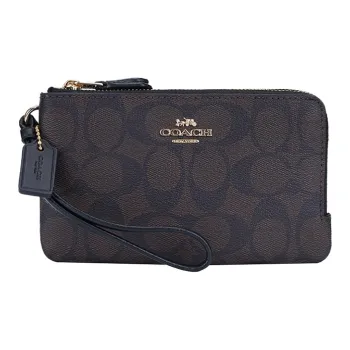 COACH Corner Zip Monogram Canvas With Leather Pochette Wrist Bag Clutch Mini Women's Black Brown