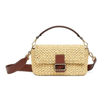 FENDI Baguette Straw Woven Shoulder Bag Medium Size Women's Beige/Brown