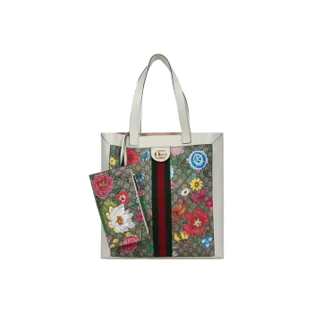 GUCCI Canvas With Leather Tote Bag Shopping Bag Combo One Shoulder Handbag Large Size Women's Multicolor