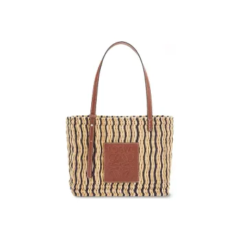 LOEWE Square Basket Raffia Fiber Vacation Bag Handbag Shoulder Bag Small Size Women's Brown
