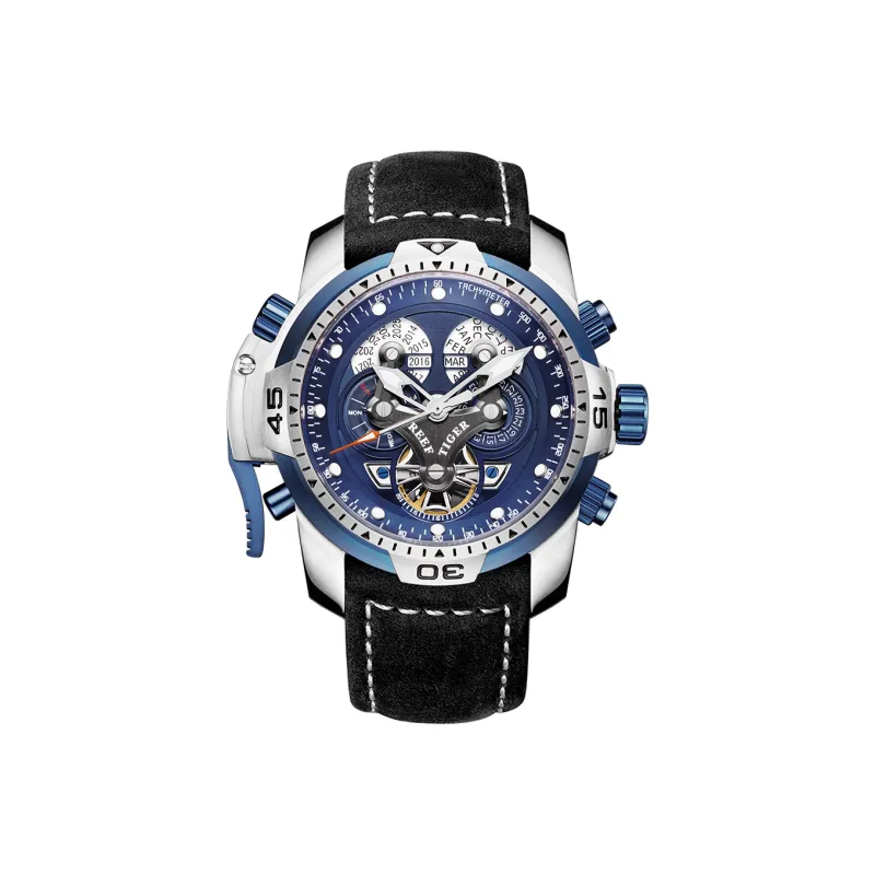 REEF TIGER Automatic/Manual Mechanical Movement Rubber Band Strap Watch Men's Watches Black Dial-0