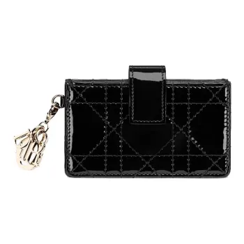 DIOR Patent Leather Cowhide Wicker Pattern 5 Compartment Card Holder Women's Black