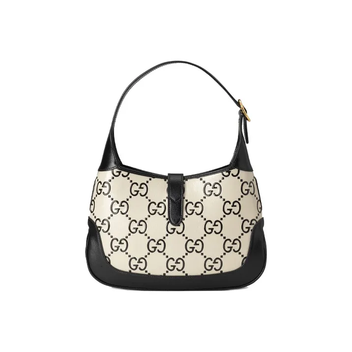 GUCCI Jackie 1961 Canvas With Leather Trim Crescent Shoulder Bag Shoulder Bag Small Size Women's White Black Multicolor-2