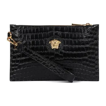VERSACE Cow Leather Clutch, Coin Purse Medium Size Men's Black