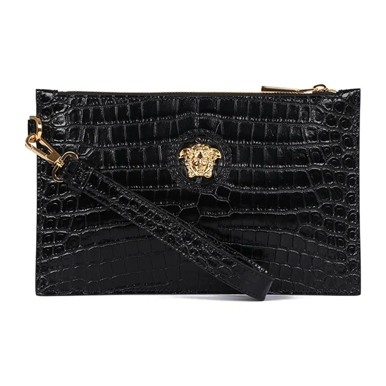 VERSACE Cow Leather Clutch, Coin Purse Medium Size Men's Black-0