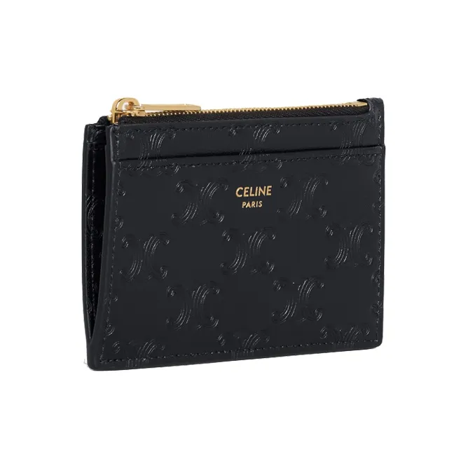 CELINE Triomphe Calfskin Zip Card Holder Women's Black-1