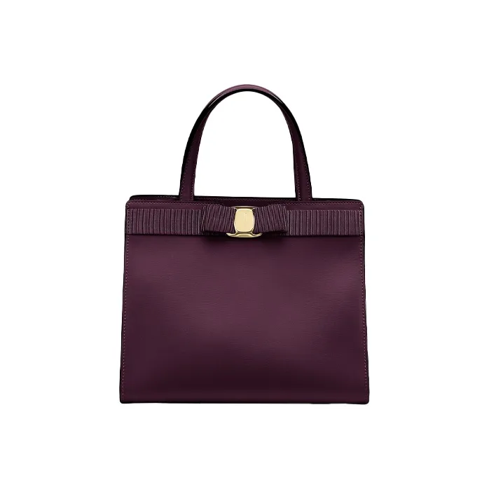 FERRAGAMO Vara Satin Natural Grain Cow Leather Tote Bag Shopping Bag Handbag Medium Size Women's Purple-0