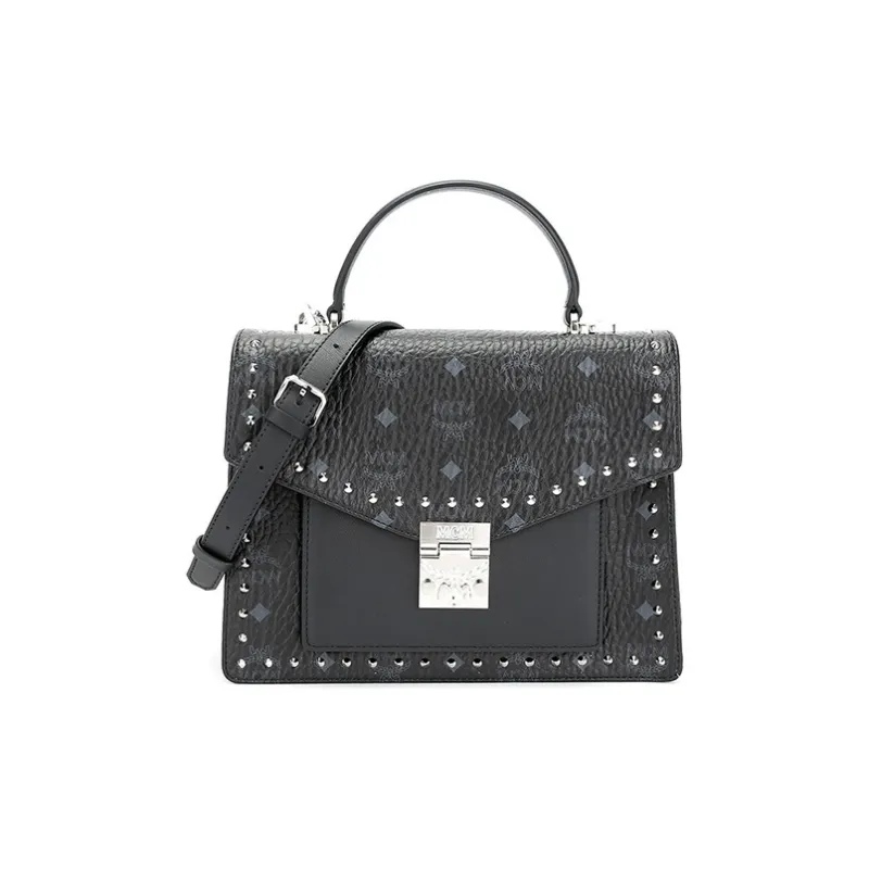 MCM Patricia Satchel Visetos Leather Handbag, Crossbody Bag, Shoulder Bag Regular Women's Black-0