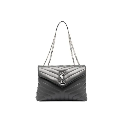 SAINT LAURENT LOULOU Quilting Leather Crossbody Bag Shoulder Bag Medium Size Women's Gray White