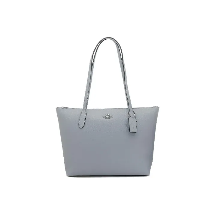 COACH Zip Top Tote Leather Tote Bag, Shopping Bag, Handbag, Shoulder Bag Women's Haze Blue Solid Color Morandi Color-0
