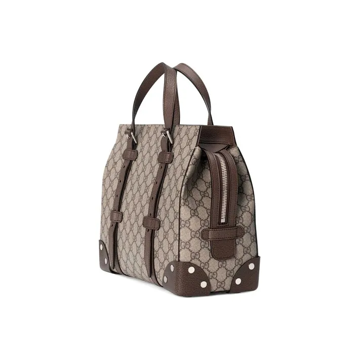 GUCCI Canvas With Leather Tote Bag, Shopping Bag, Handbag Medium Size Unisex Ebony & Brown-1