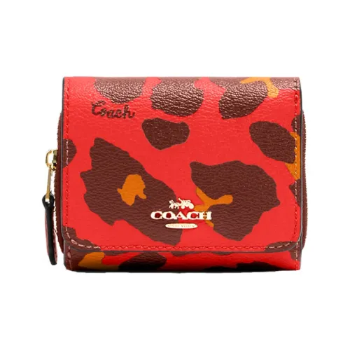 COACH Trifold Wallet Canvas Leather Wallet Mini Women's Poppy Red
