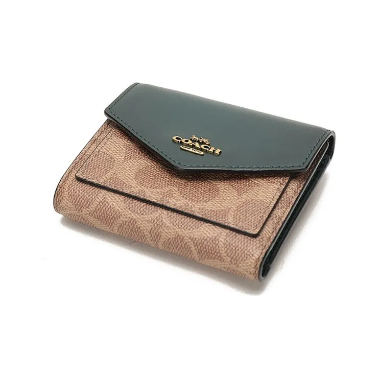 COACH Signature Canvas Clutch Envelope Bag Wallet Small Size Women's Forest Green With Brown-2