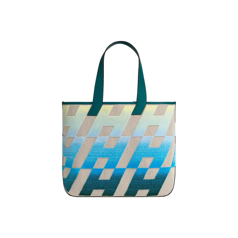 HERMES Cabas H En Biais 40 Bag Ecru/Beige/Jaune Pale/Bleu/Vert Bosphore-0