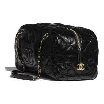 CHANEL Shiny Crinkle Calfskin One Shoulder Handbag Tubas Women's Black