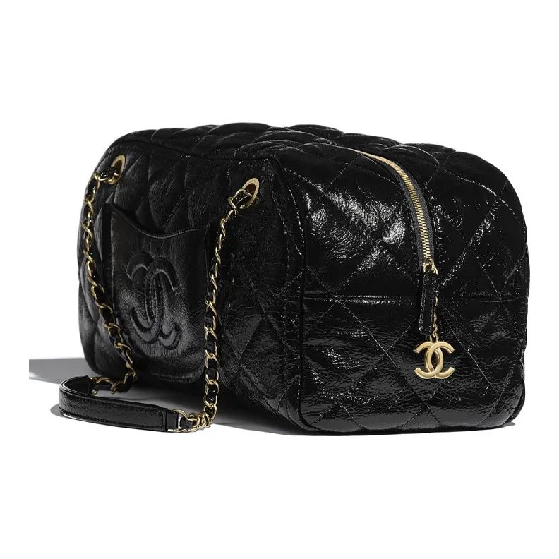CHANEL Shiny Crinkle Calfskin One Shoulder Handbag Tubas Women's Black-0