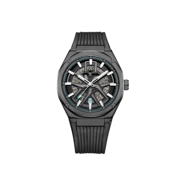 Welly Merck Automatic Mechanical Movement Men's Watches Wrist Watches Black Dial Rubber Strap-0