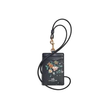 COACH Lanyard Leather ID Card Lanyard Holder Small Size Women's Black
