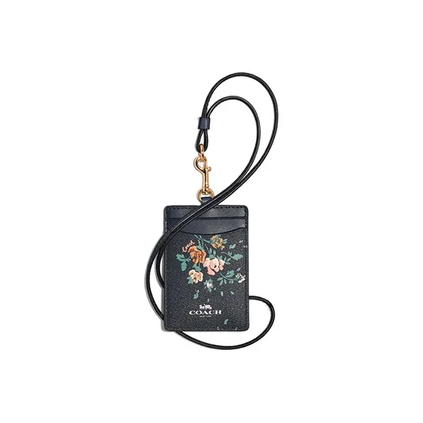 COACH Lanyard Leather ID Card Lanyard Holder Small Size Women's Black-0