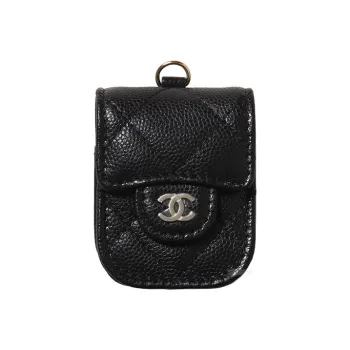 CHANEL Caviar Grain Embossed Shiny Calfskin With Gold Metal AirPods Headphone Case, Clutch, Crossbody Bag Women's Black