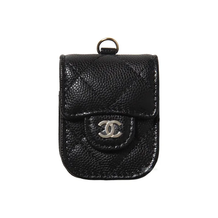 CHANEL Caviar Grain Embossed Shiny Calfskin With Gold Metal AirPods Headphone Case, Clutch, Crossbody Bag Women's Black-0