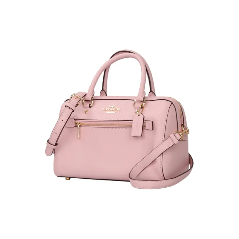 COACH Rowan Leather Boston Bag, One Shoulder Handbag Medium Size Women's Pink-1