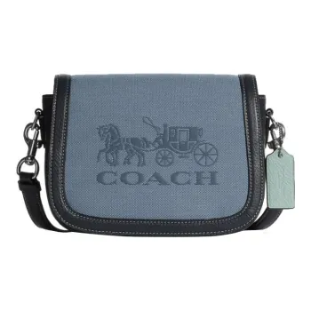 COACH Saddle Fabric Fabric With Cow Leather One Shoulder Handbag Crossbody Bag Small Size Women's Dark Blue Light Blue