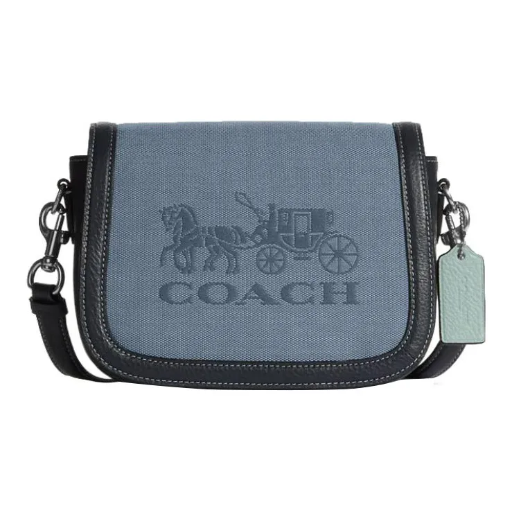 COACH Saddle Fabric Fabric With Cow Leather One Shoulder Handbag Crossbody Bag Small Size Women's Dark Blue Light Blue-0